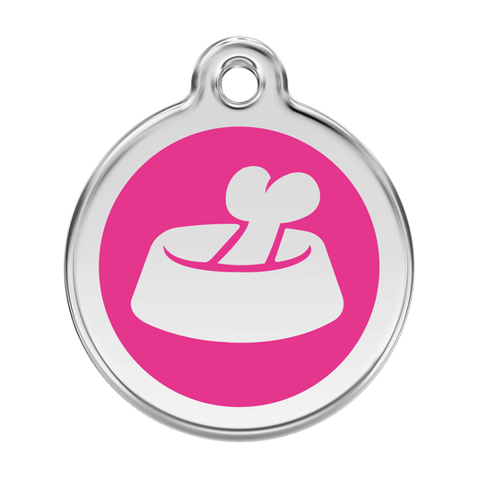  Red Dingo Stainless Steel Engraved Dog Tag Bone In Bowl Hot Pink