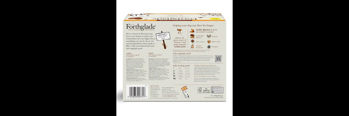  12 X Forthglade Grain Free Turkey & Lamb With Veg Complete Senior Wet Dog Food Variety Pack 395g