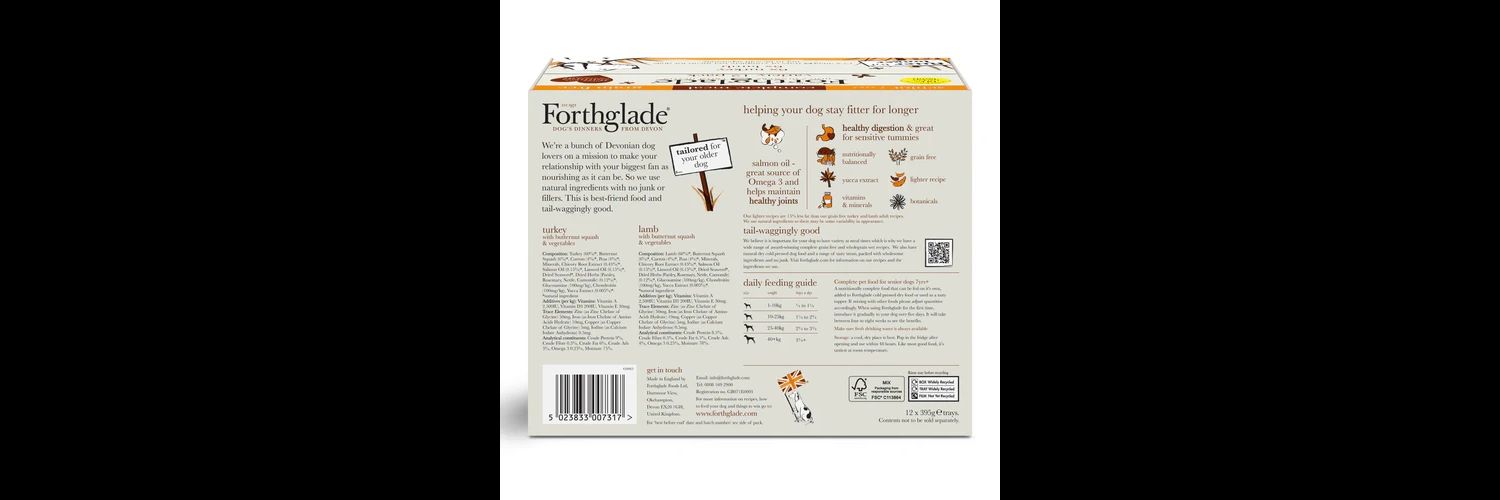  12 X Forthglade Grain Free Turkey & Lamb With Veg Complete Senior Wet Dog Food Variety Pack 395g
