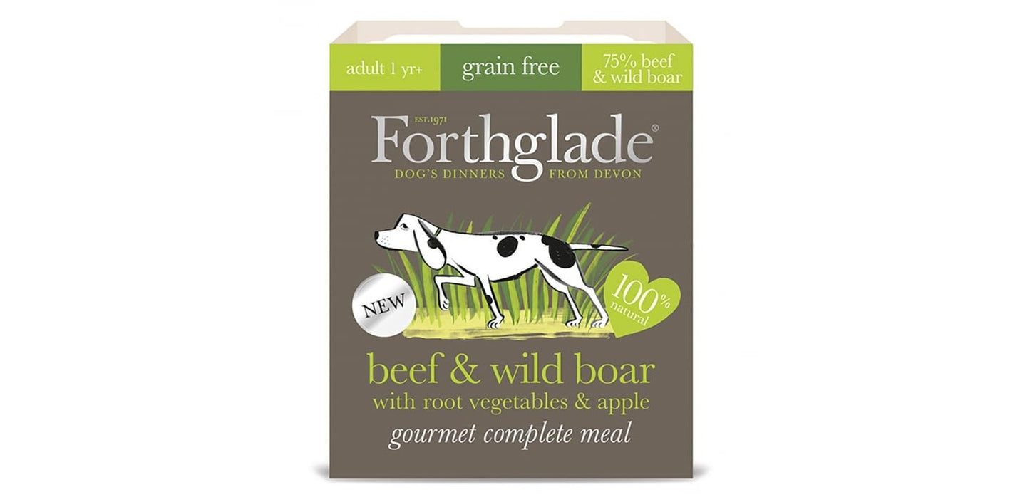  7 X 395g Forthglade Gourmet Grain Free Beef & Wild Boar W/root Vegetables & Apple