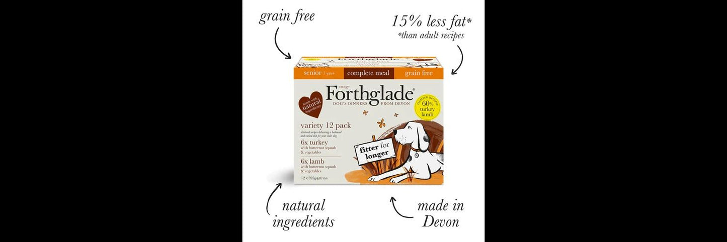  12 X Forthglade Grain Free Turkey & Lamb With Veg Complete Senior Wet Dog Food Variety Pack 395g
