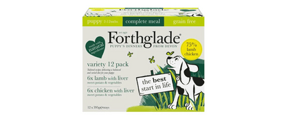  12 X Forthglade Grain Free Lamb & Chicken With Brown Rice Complete Puppy Food Variety Pack 395g