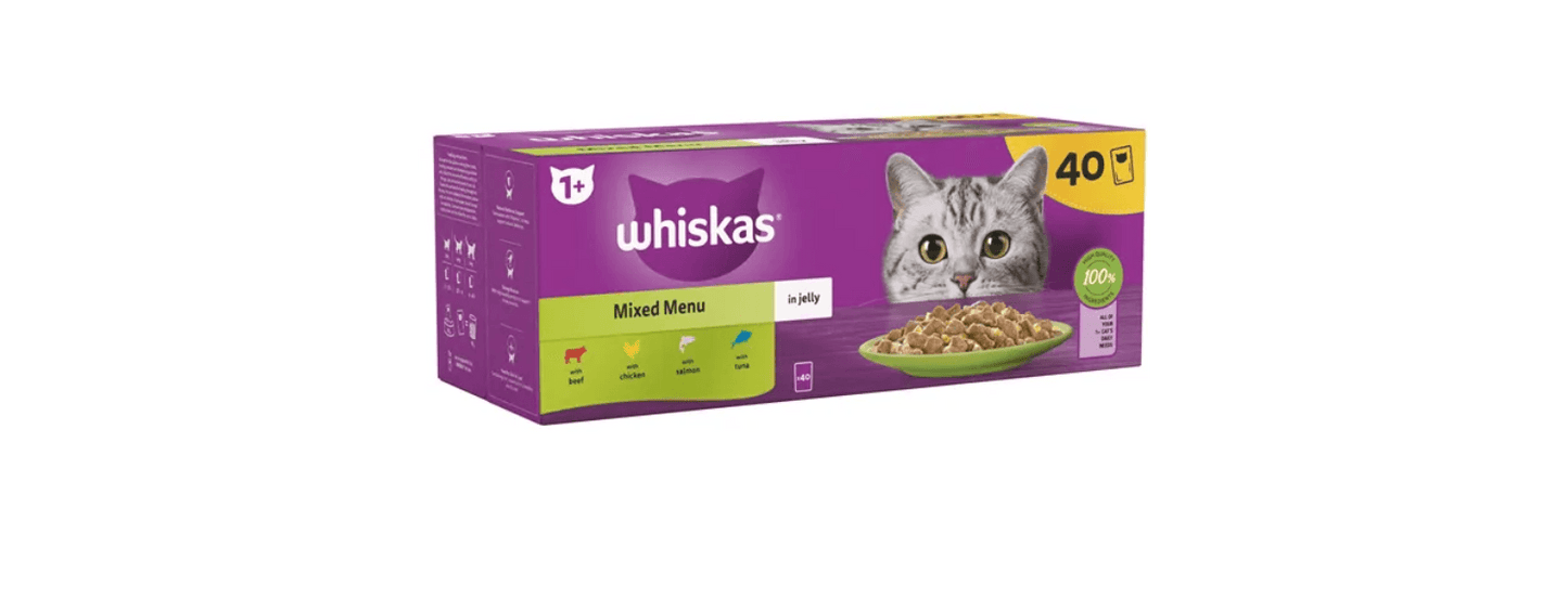  40 X Whiskas 1+ Adult Pouches Mixed Menu In Jelly Wet Cat Food 85g