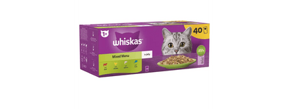 40 X Whiskas 1+ Adult Pouches Mixed Menu In Jelly Wet Cat Food 85g