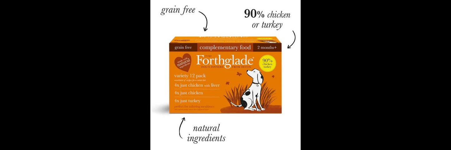  12 X 395g Forthglade Just Chicken/Turkey/Chicken & Liver Variety Pack