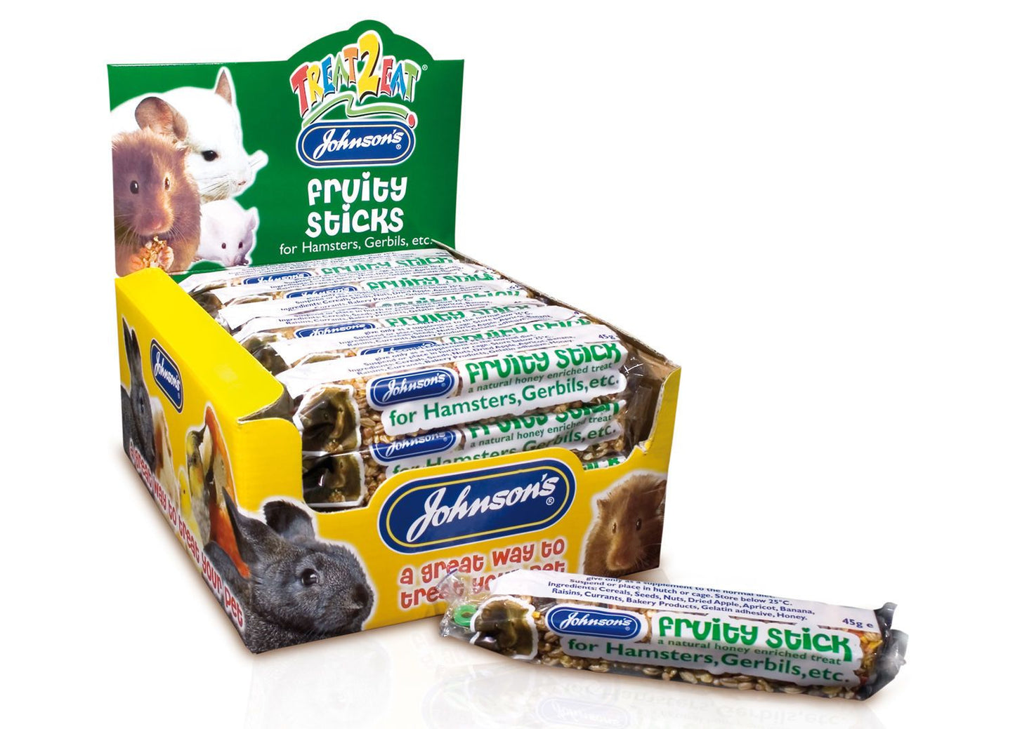  28 X 45g Johnson's Treat2eat Hamster & Gerbil Fruity Sticks